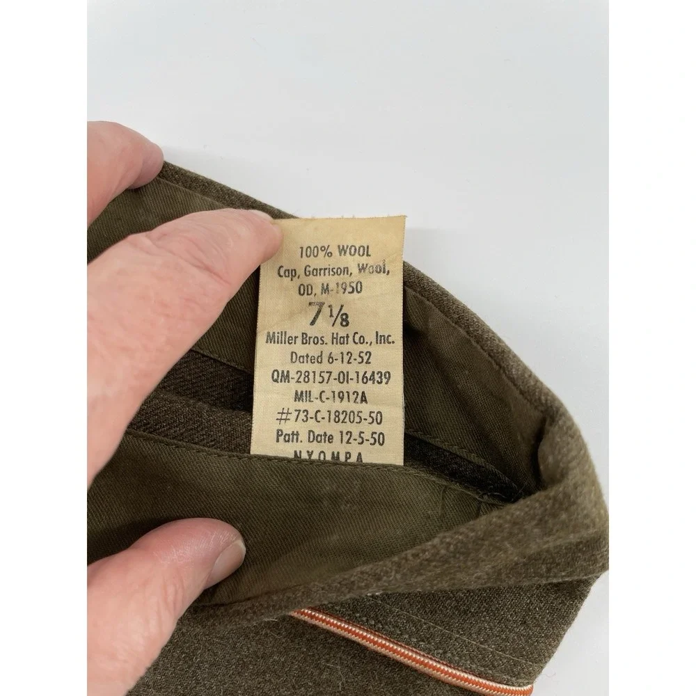 US Army Issued M1950 Garrison Cap Korean War Engineer Corps Wool OD Laundry #